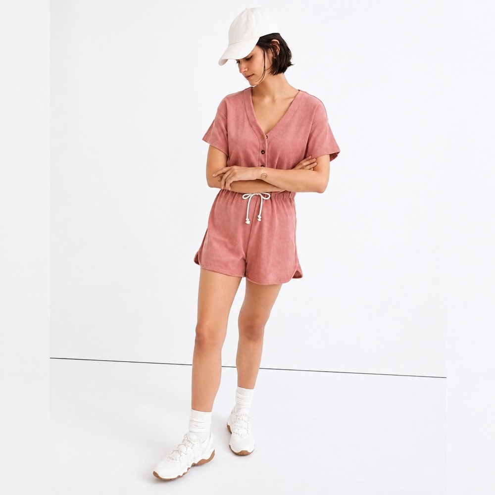 Madewell MWL Romper Womens XXS Pink Terry Cloth Henley Drawstring Short Sleeve
